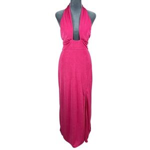Hot Pink Halter Maxi Dress Sz L Plunging Backless Slit Coquette Y2K